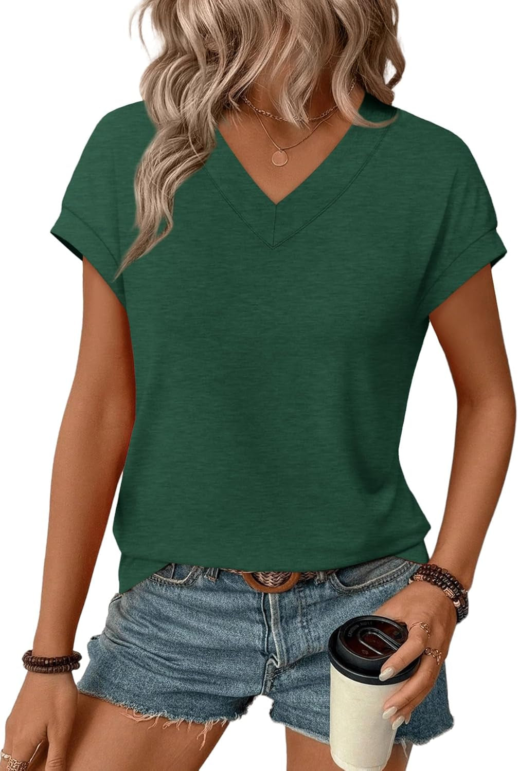 Womens T Shirts V Neck Cap Sleeve Summer Tops Basic Women Blouses Beach Vacation Spring Clothes