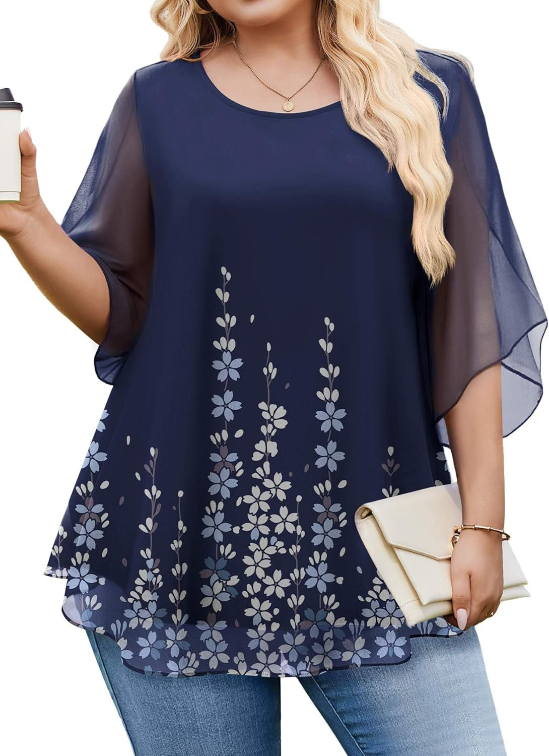 plus Size 3/4 Sleeve Women Tops Dressy Casual Double Layers Mesh Blouses Loose Fit Flowy Shirts