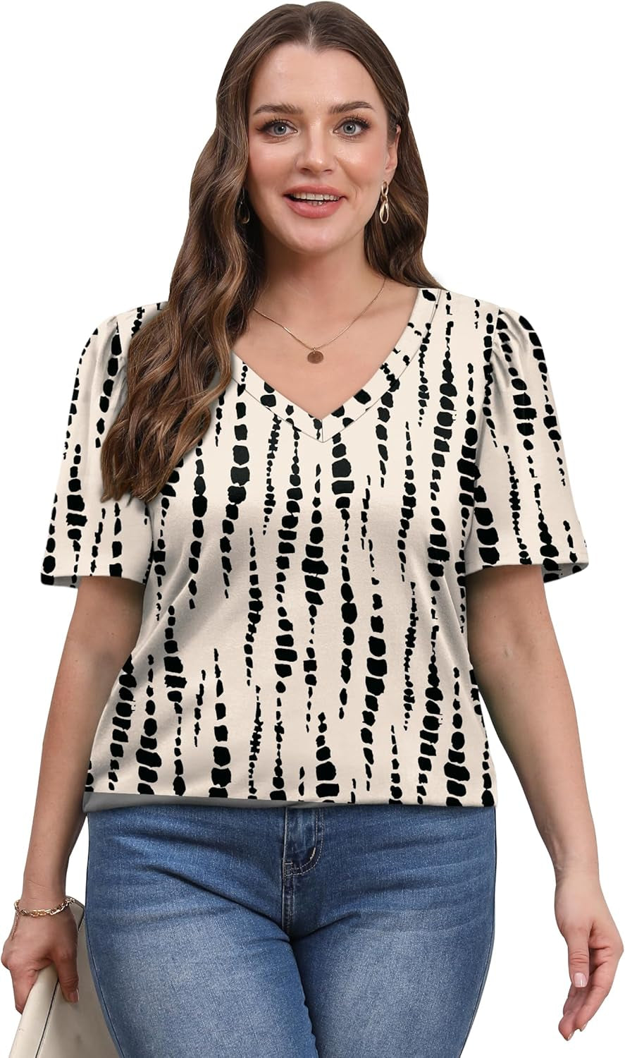T Shirts for Women V Neck Dressy Casual Blouses Puff Short Sleeve Summer Tops Loose Fit
