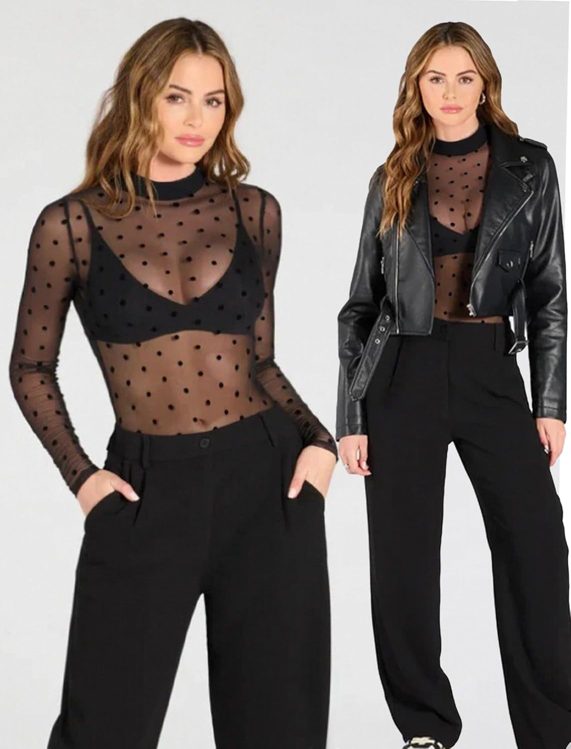 Mesh Top for Women Long Sleeve See through Shirt Mock Neck Sheer Blouse Clubwear Party XS-XXL