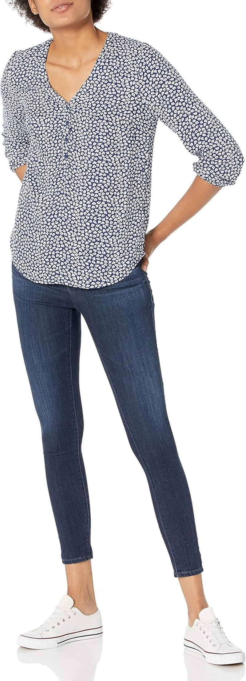 Womens 3/4 Sleeve Button Popover Shirt, Loose-Fit V-Neck Blouse