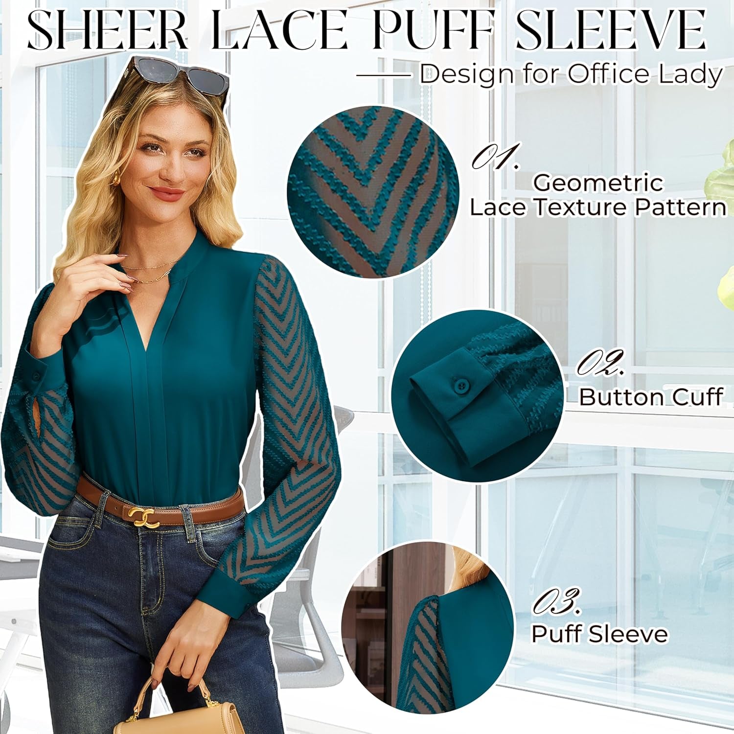 Women Business Casual Tops Sheer Lace Long Sleeve Blouses Work Office Pleated V Neck Shirt Fall Formal Outfits