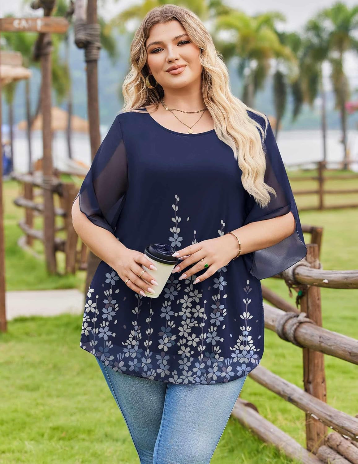 plus Size 3/4 Sleeve Women Tops Dressy Casual Double Layers Mesh Blouses Loose Fit Flowy Shirts