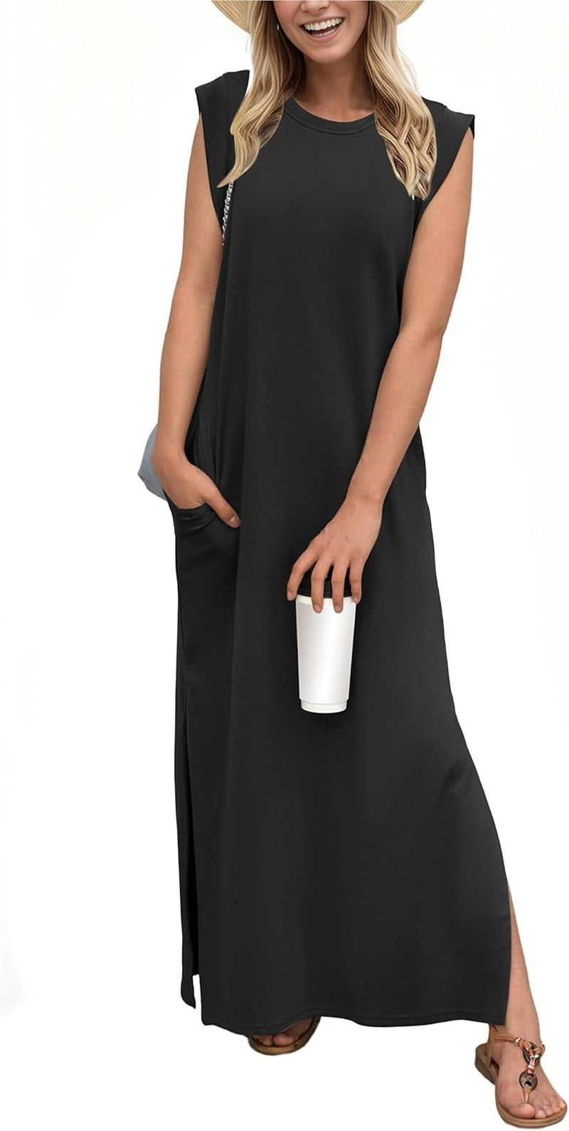 2026 Women Year-Round Casual round Neck Loose Split Wrinkle-Free Long Maxi Vacation Dress with Pockets (XXS-4XL)