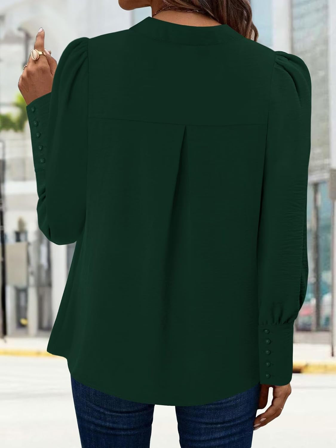 Puff Long Sleeve Shirts for Women Dressy Casual Fall Fashion Pleated Solid Color Blouse Fitted Mock Neck Tops