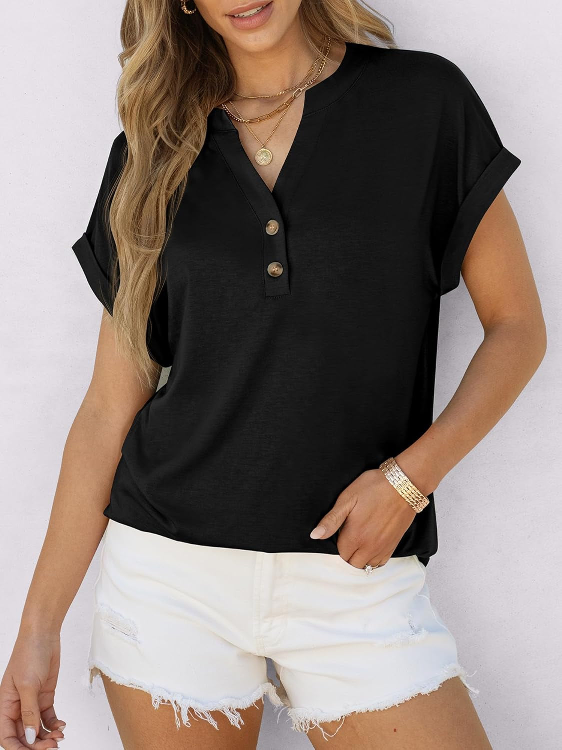 Womens Short Sleeve Henley Tops V Neck Dressy Casual Blouses Summer Trendy Tee Shirts 2026 Vacation Fashion Clothes