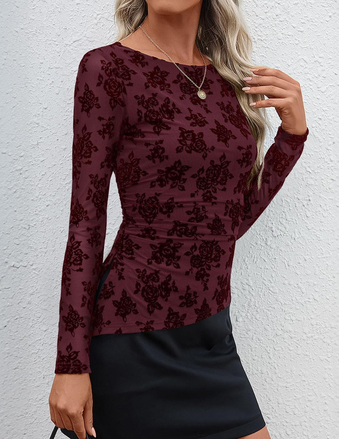 Womens Floral Long Sleeve Shirts 2026 Fall Boat Neck Mesh Ruched Tops Fitted Asymmetrical Going Out Blouses