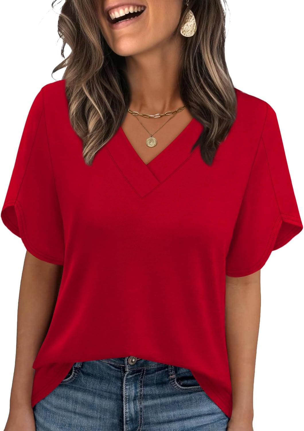 Womens Summer Tops Short Petal Sleeve Shirts Fashion V Neck Outfits Clothes