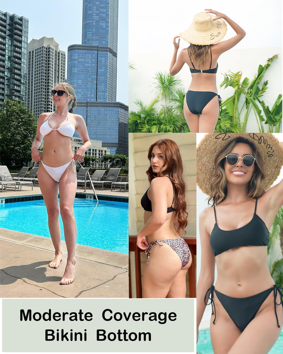 Bikini Bottoms for Women String Bathing Suit Bottom with Moderate Coverage Low Waist Swim Bottom