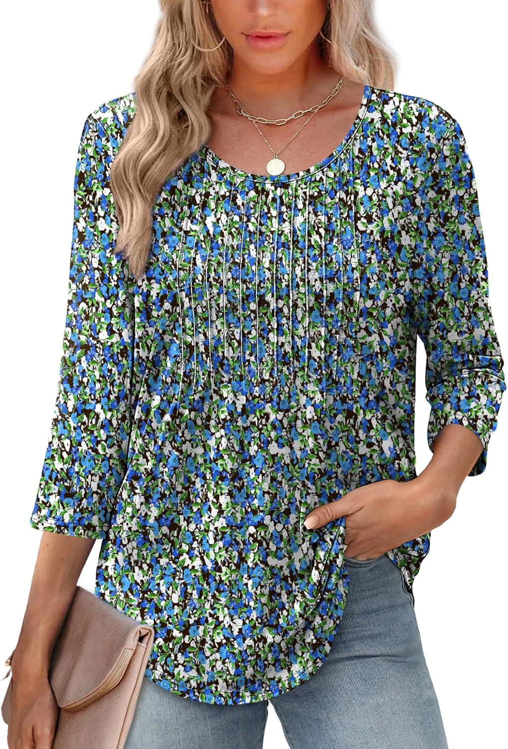 3/4 Length Sleeve Tops for Women 2026 Crewneck Casual Pleated Tunic Tops Loose Fit Shirts Blouses