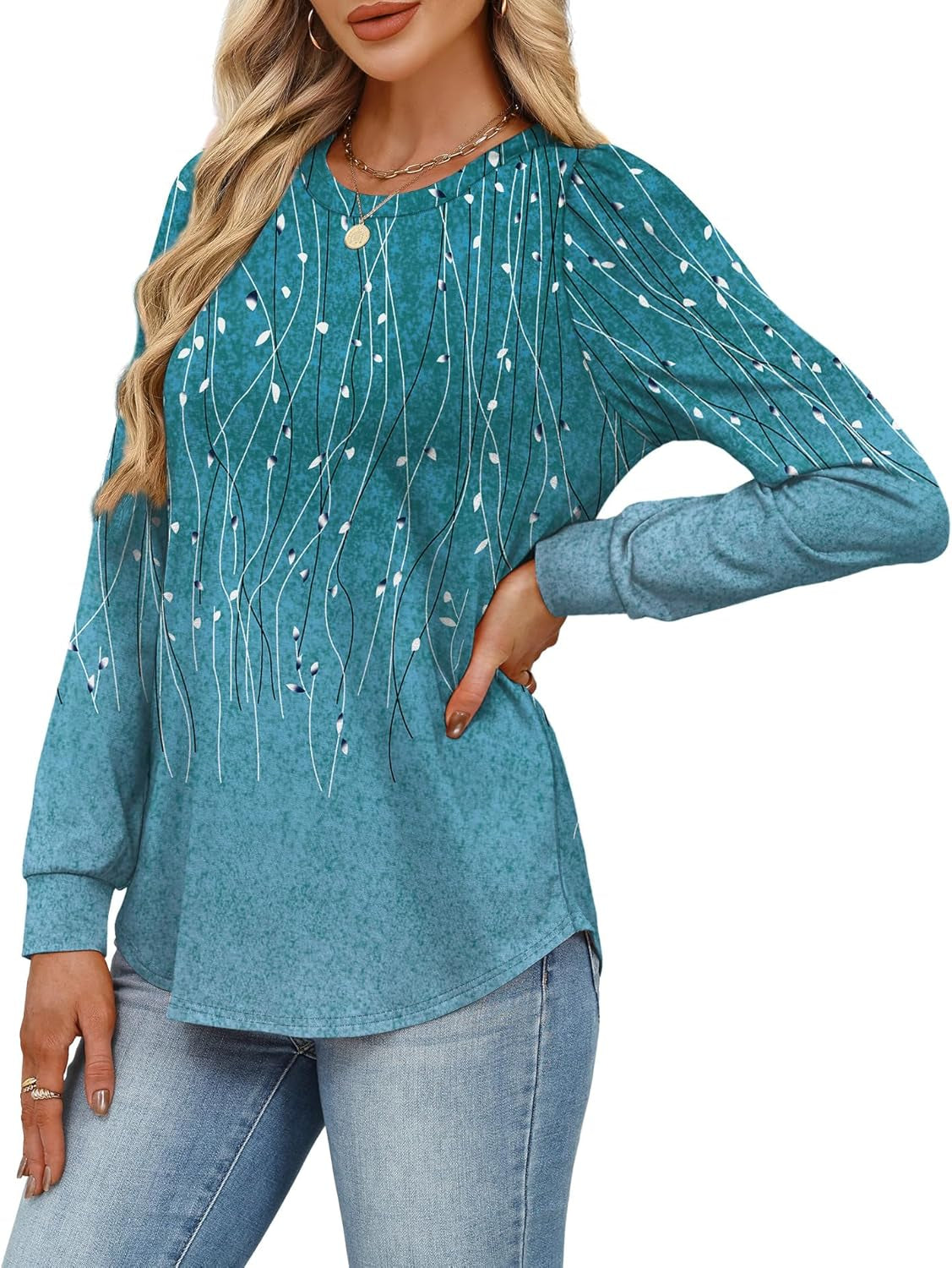 Womens Long Sleeve Shirts 2025 Fall Tunic Tops Crewneck Blouses Print