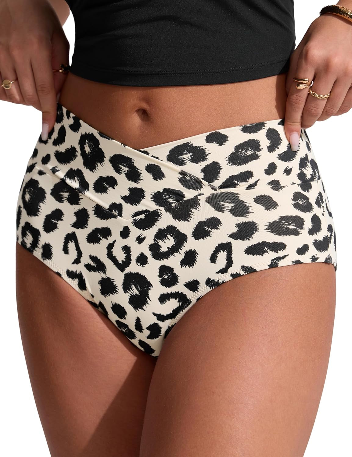 High Waisted V Cut Bikini Bottom for Women - Cross Front Bathing Swimsuit Full Coverage Swim Briefs