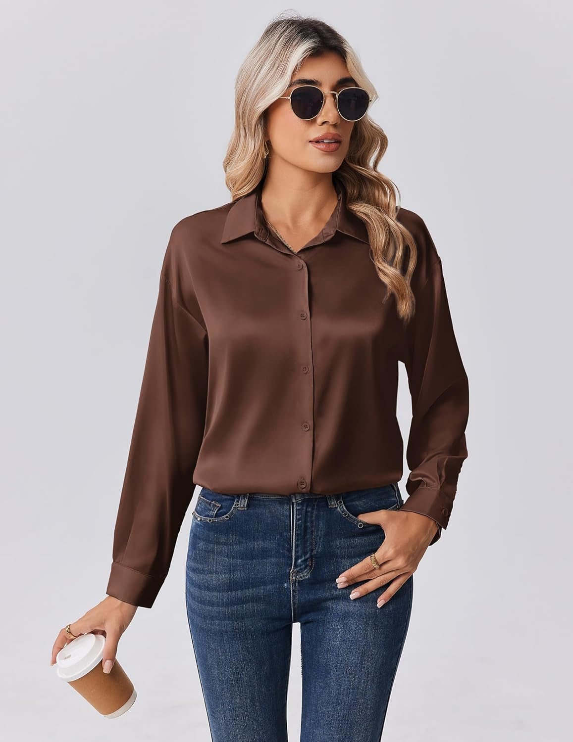 Womens Tops Long Sleeve Satin Silk Button down Shirts Casual Business Dressy Blouses Fall Clothes