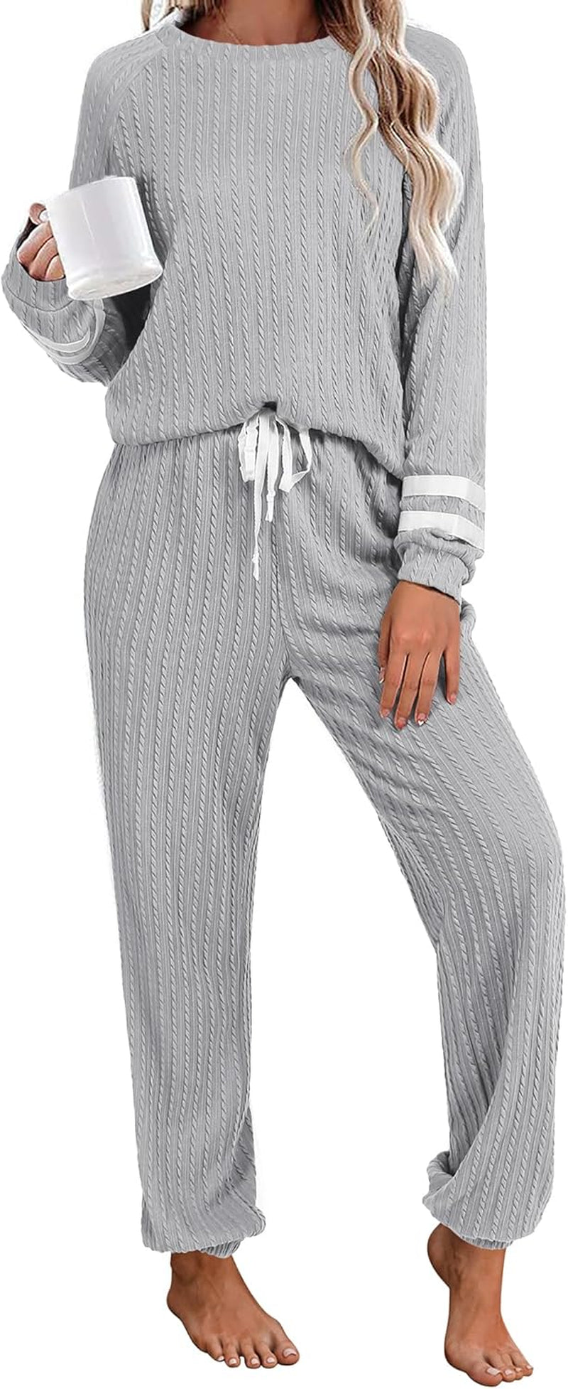 Lounge Sets for Women Ribbed Knit Outfits Pajamas Sets 2 Piece Long Sleeve Sweatsuits with Pockets