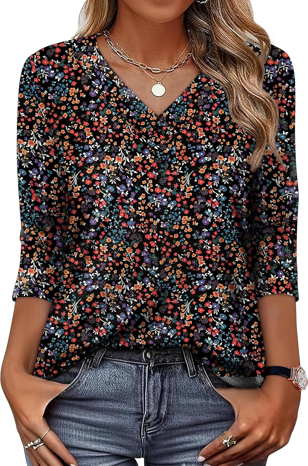 3/4 Length Sleeve Womens Tops V Neck Fall Clothes Basic Blouses Dressy Casual 2025 Early Fall Fashion Must Haves