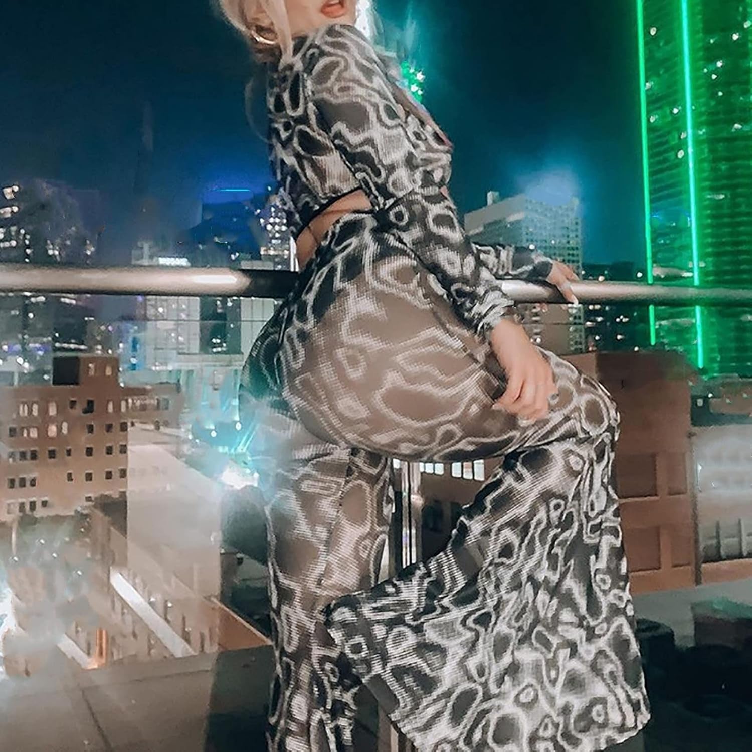 Women’S High Waist Rave Mesh Sheer Pants Flared Bell Bottom Pants for Rave Festival Dance Clubwear