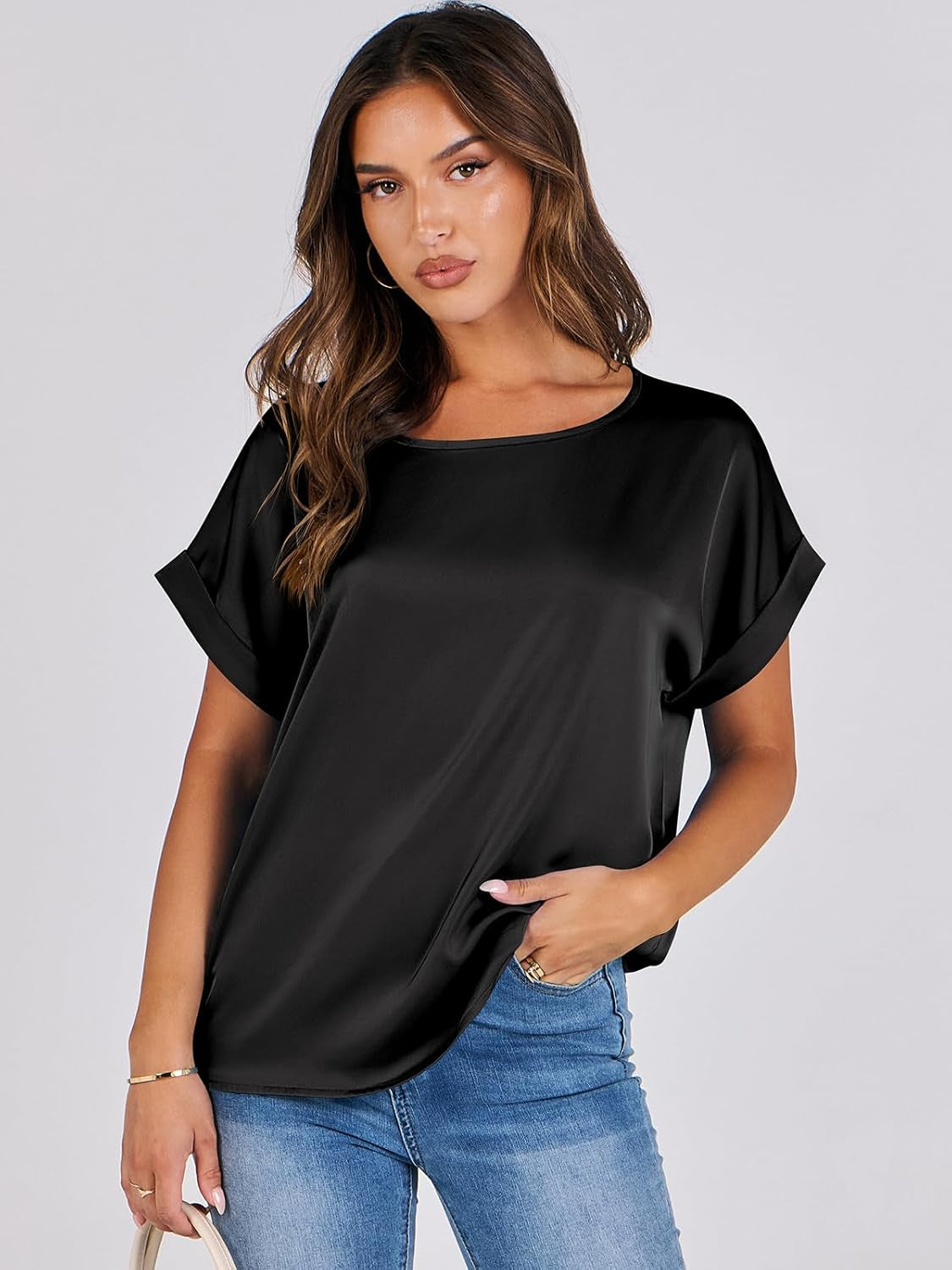 Women'S Summer Dressy Casual Short Sleeve Shirts Crewneck Satin 2025 Business Office Work Blouse Tops