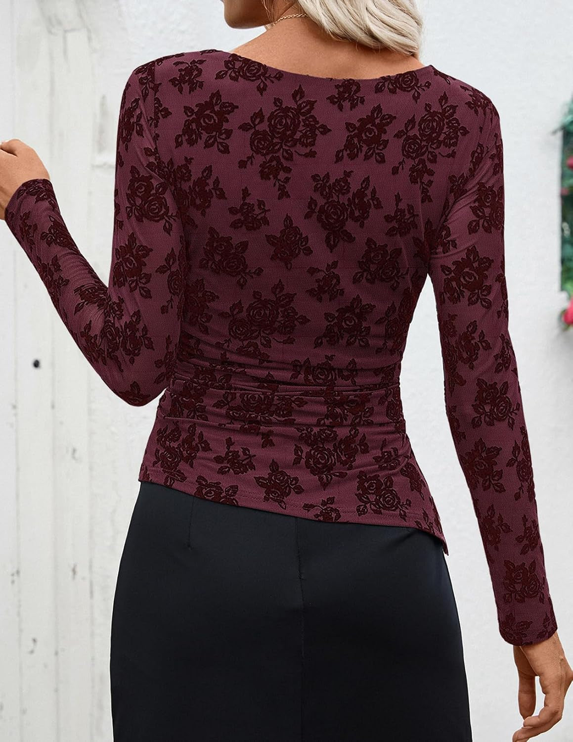 Womens Floral Long Sleeve Shirts 2026 Fall Boat Neck Mesh Ruched Tops Fitted Asymmetrical Going Out Blouses