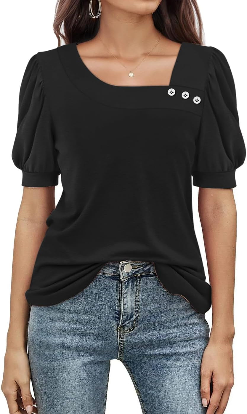 Womens Petal Sleeve Tops Spring 2025 Trendy T Shirt Casual Summer Loose Fit Square Neck Button down Blouse