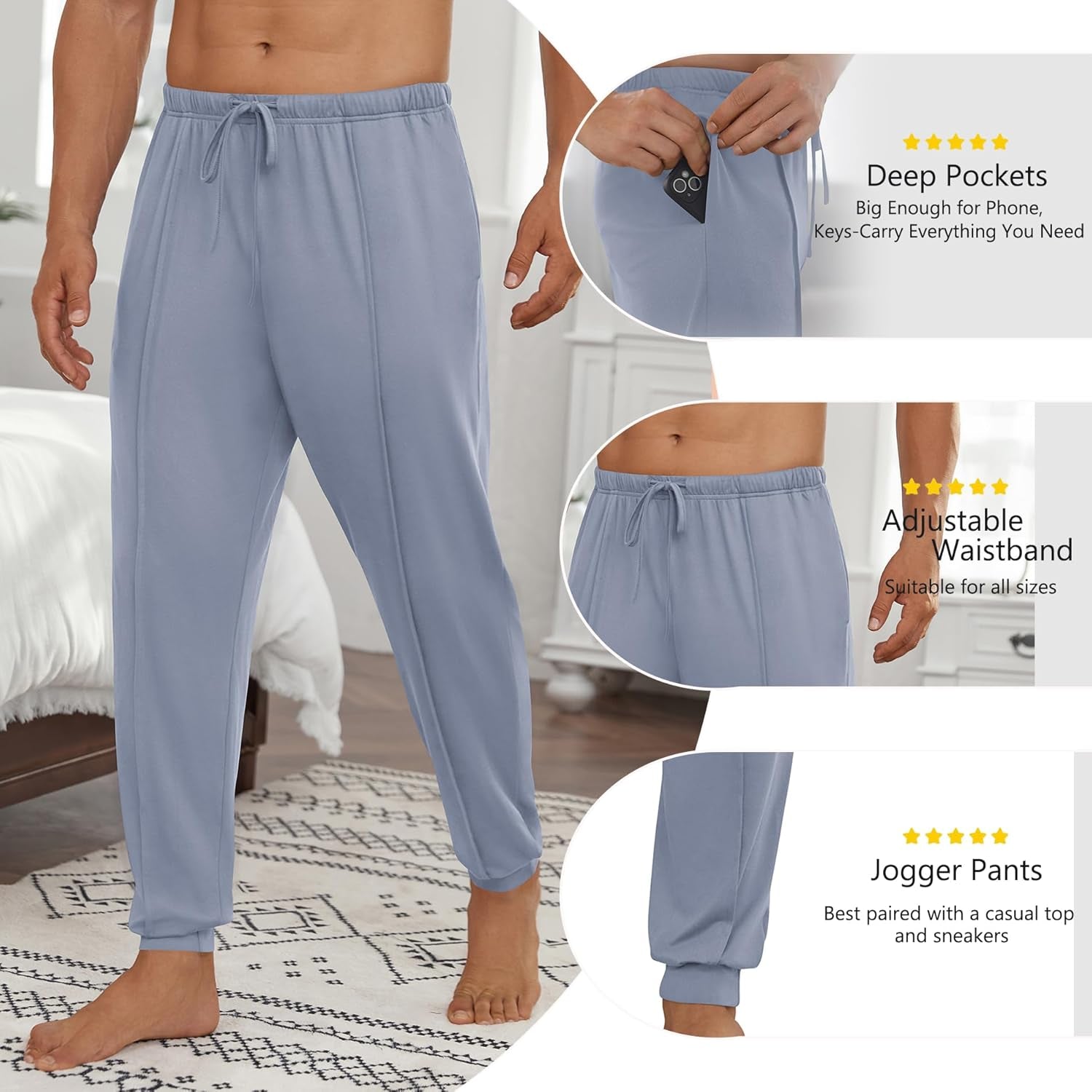 Men'S Pajama Pants Ultra Lightweight Pjs Bottoms Soft Sleep Jogger Pants with Pocket Drawstring