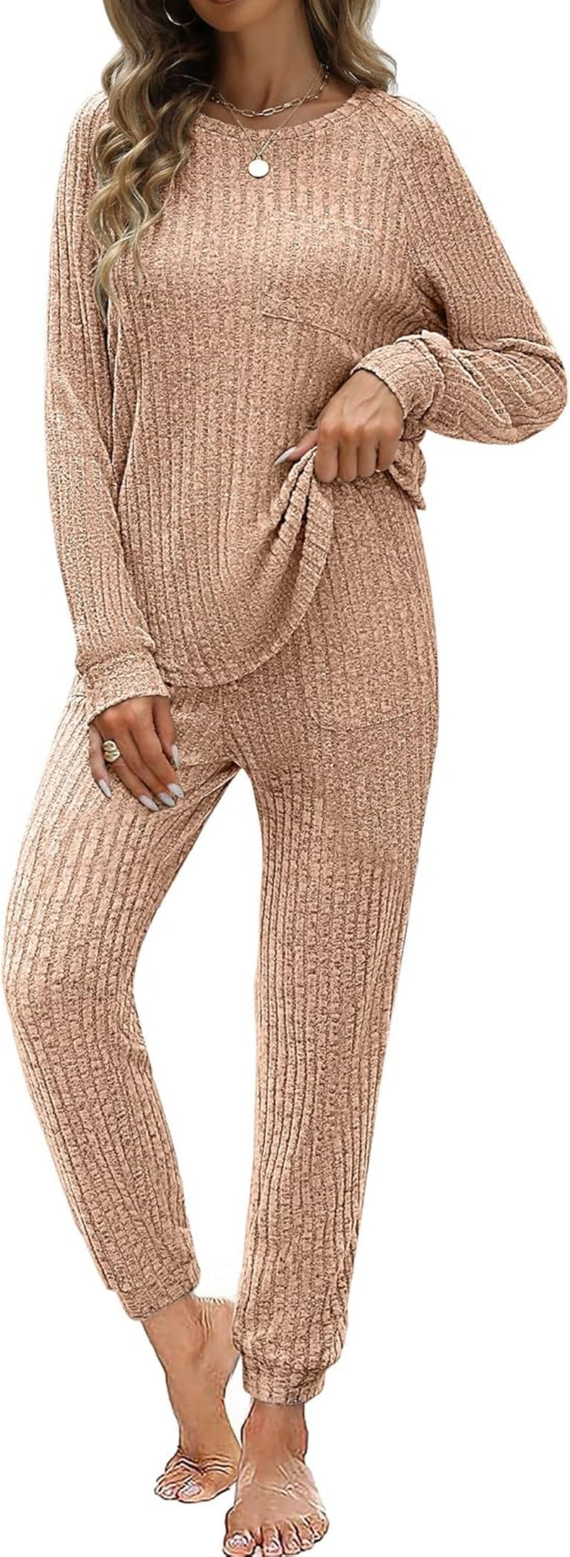 Womens Ribbed Knit Lounge Set 2 Piece Outfits Long Sleeve Pajama Set Loungewear Jogging Sweatsuits