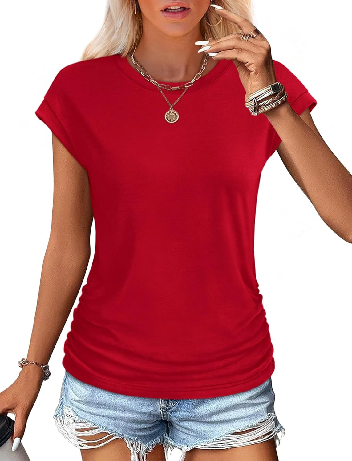 Womens Summer Tops Trendy 2025 Ruched Cap Short Sleeve Tshirts Shirts Crew Neck T Shirts Fashion