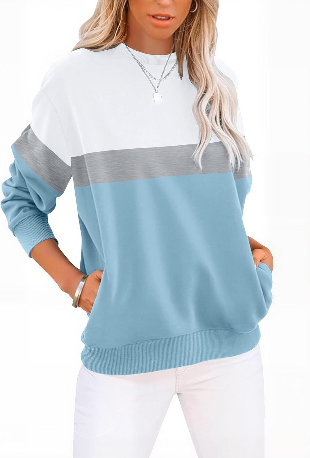 Womens Sweatshirts Cotton Crewneck Tops Long Sleeve Cute Lightweight Fall Winter Loose Casual Pullover with Pockets