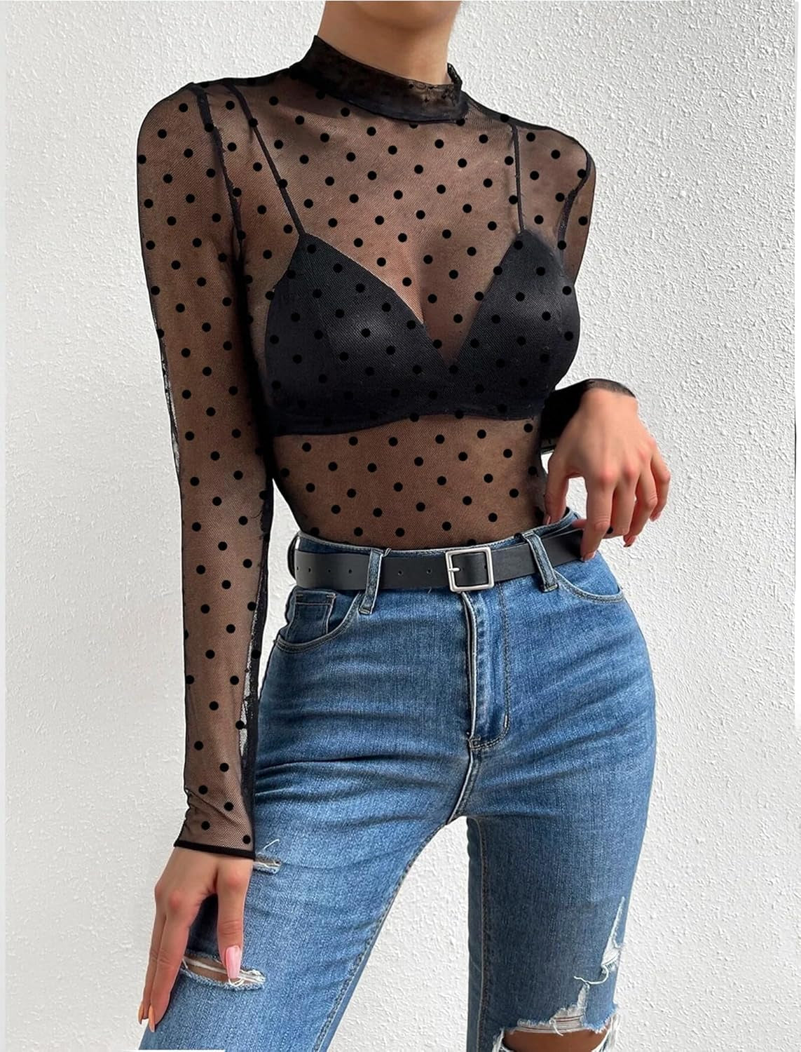 Mesh Top for Women Long Sleeve See through Shirt Mock Neck Sheer Blouse Clubwear Party XS-XXL