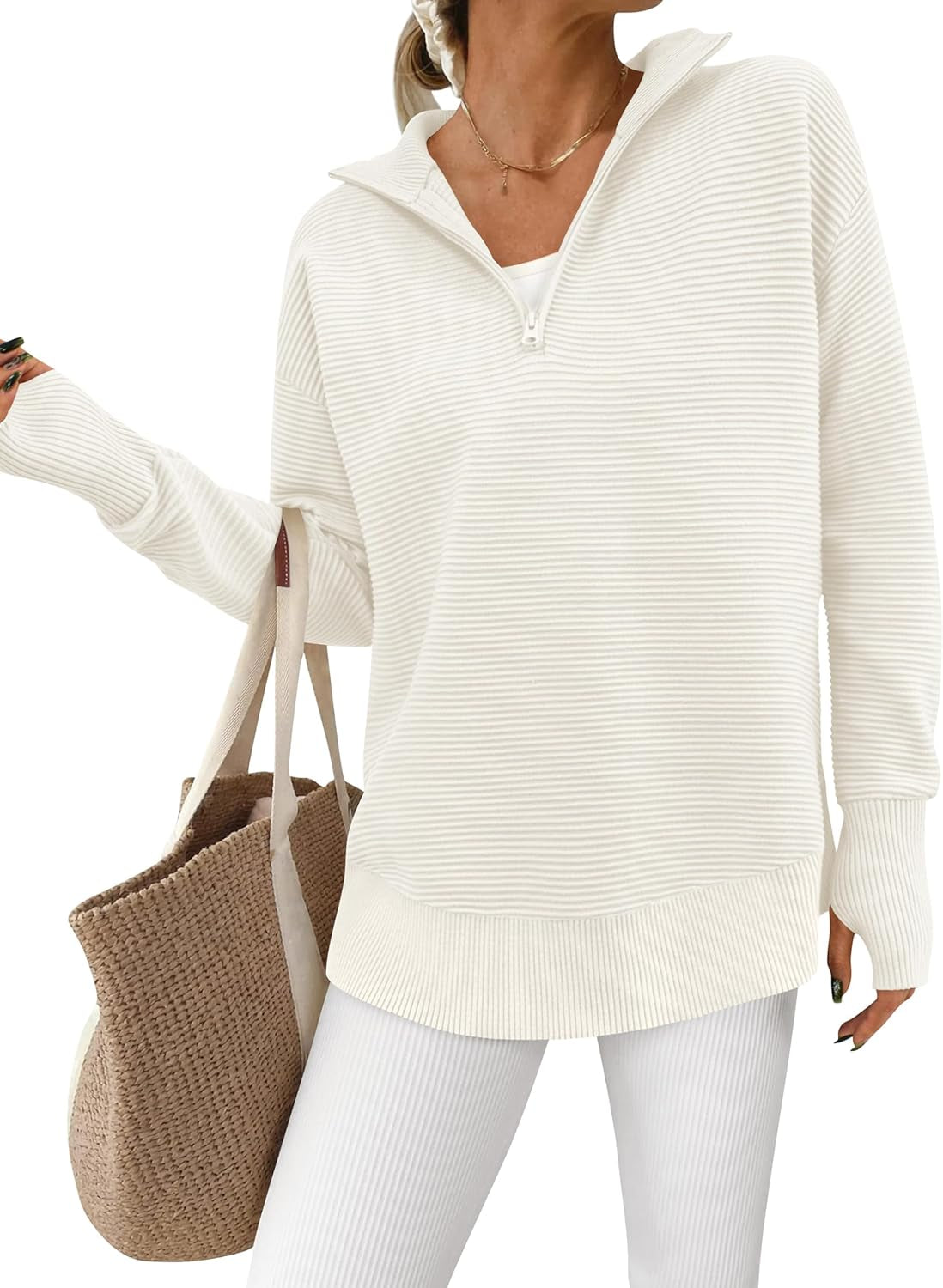 Womens Long Sleeve Quarter Zip Pullover Sweater Casual Loose V Neck Collared Ribbed Knit Jumper Tops Thumb Hole
