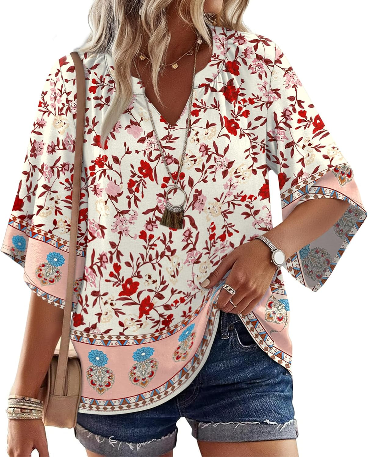 Boho Cute Summer Tops for Women 3/4 Sleeve Dressy Fashion V Neck Casual 2026 Business Beach plus Size Holiday Blouses