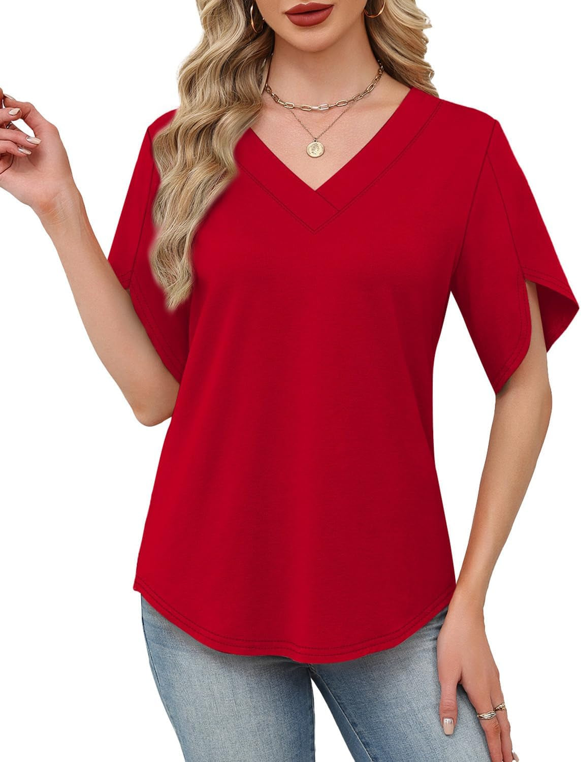 Womens Summer Tops Short Petal Sleeve Shirts Fashion V Neck Outfits Clothes