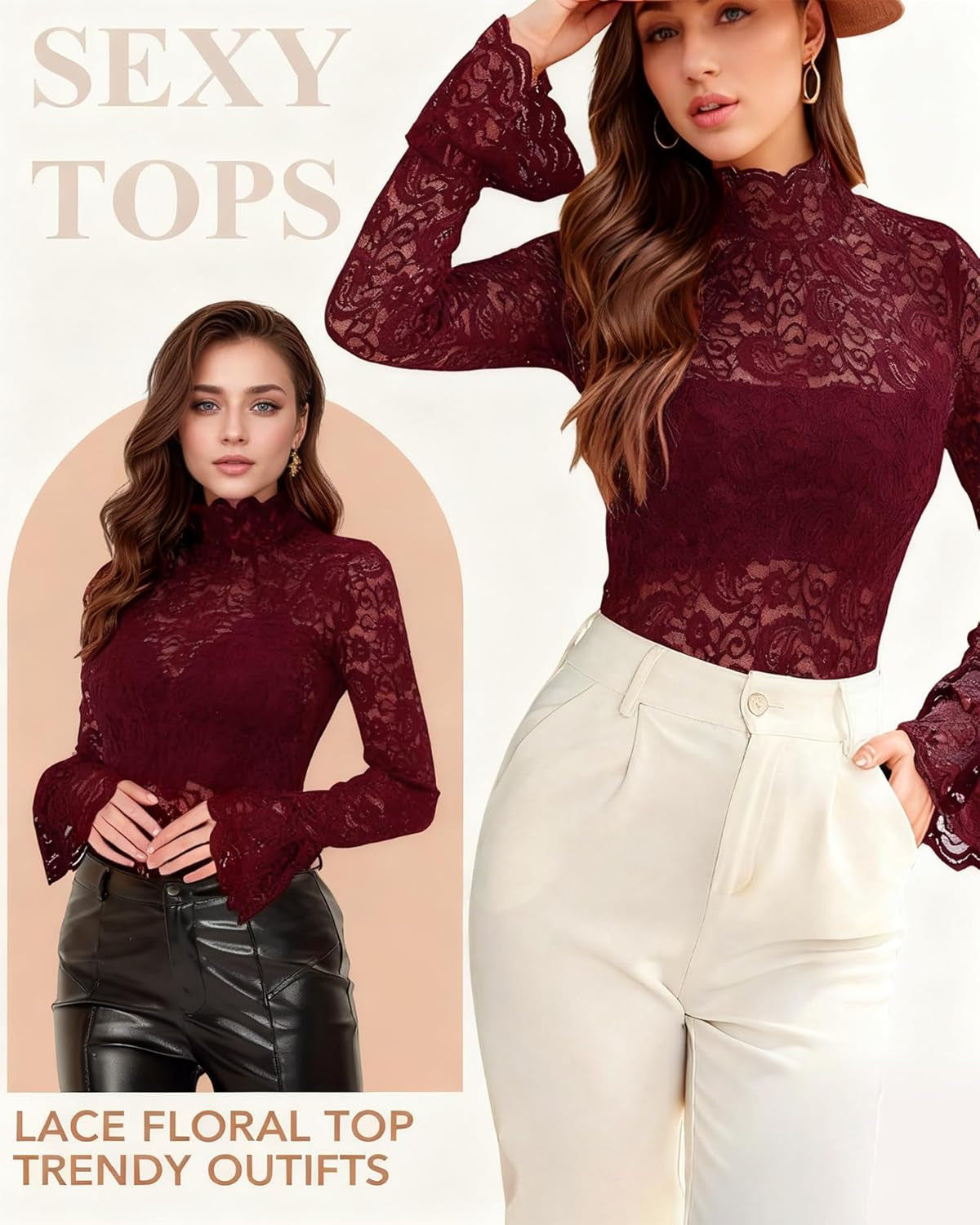 Women'S Long Sleeve Lace Mesh Tops High Neck Sheer Blouse Sexy Floral Going Out Top