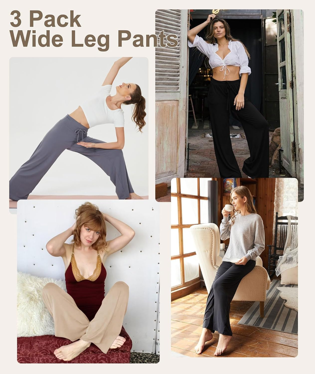 3 Pack Women'S Wide Leg Pants with Pockets - Casual Loose Yoga Trouser Pants Sweatpants Palazzo Lounge Pajama Pants