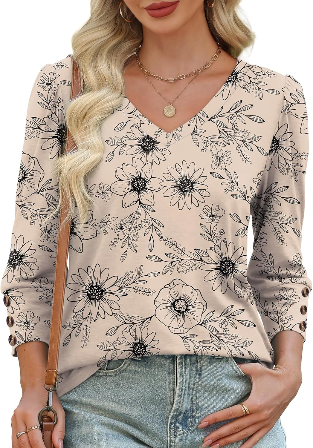 Womens 3/4 Sleeve Tops with Buttons V-Neck Summer Outfits Casual Blouses Shirts Beach Vacation Fall Clothes 2025