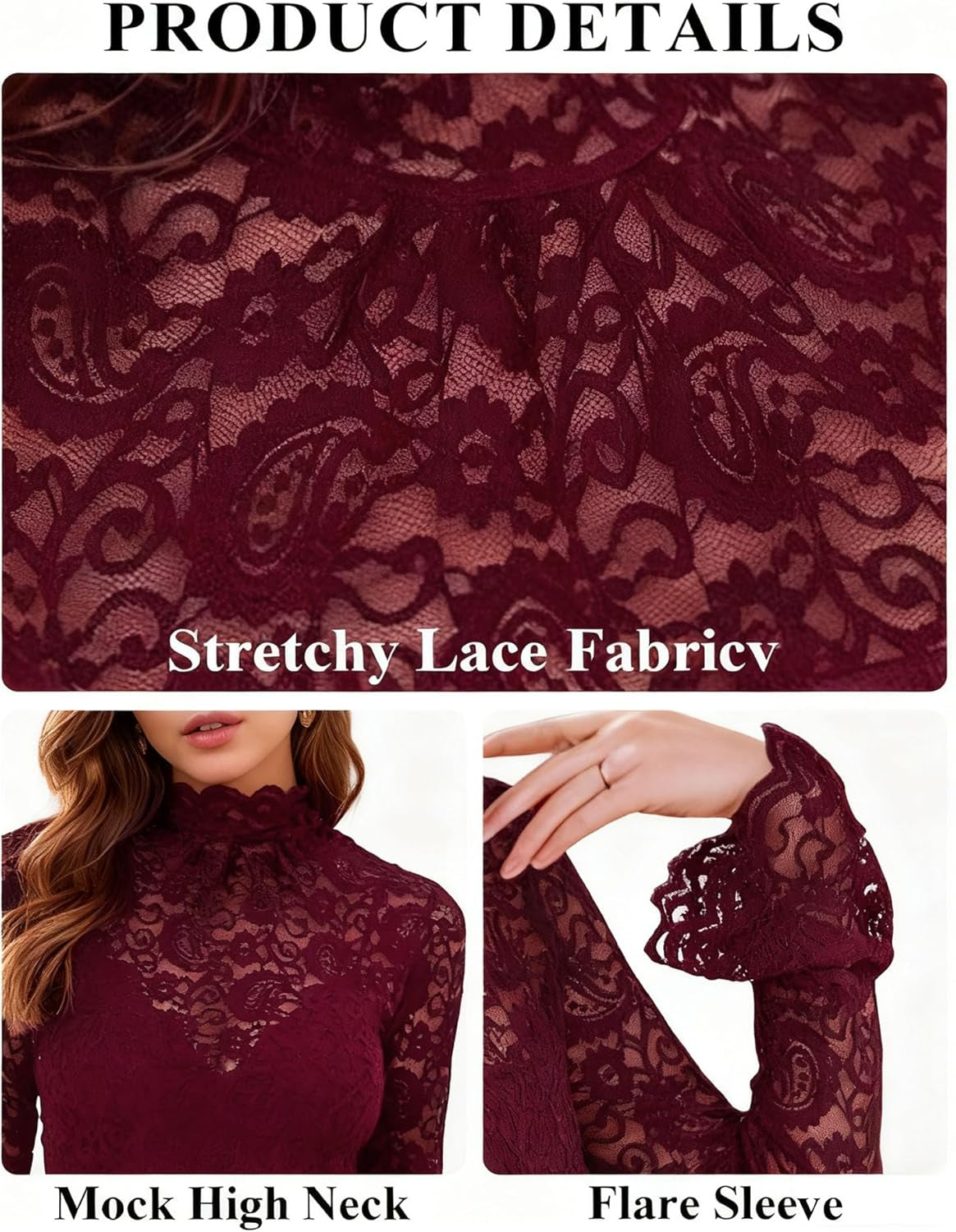 Women'S Long Sleeve Lace Mesh Tops High Neck Sheer Blouse Sexy Floral Going Out Top