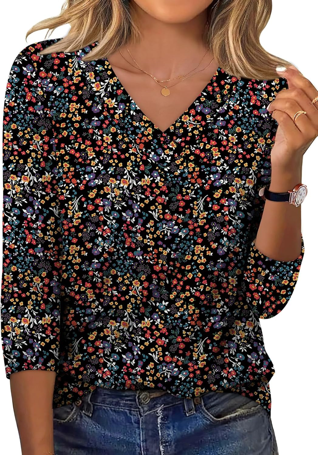 3/4 Length Sleeve Womens Tops V Neck Fall Clothes Basic Blouses Dressy Casual 2025 Early Fall Fashion Must Haves