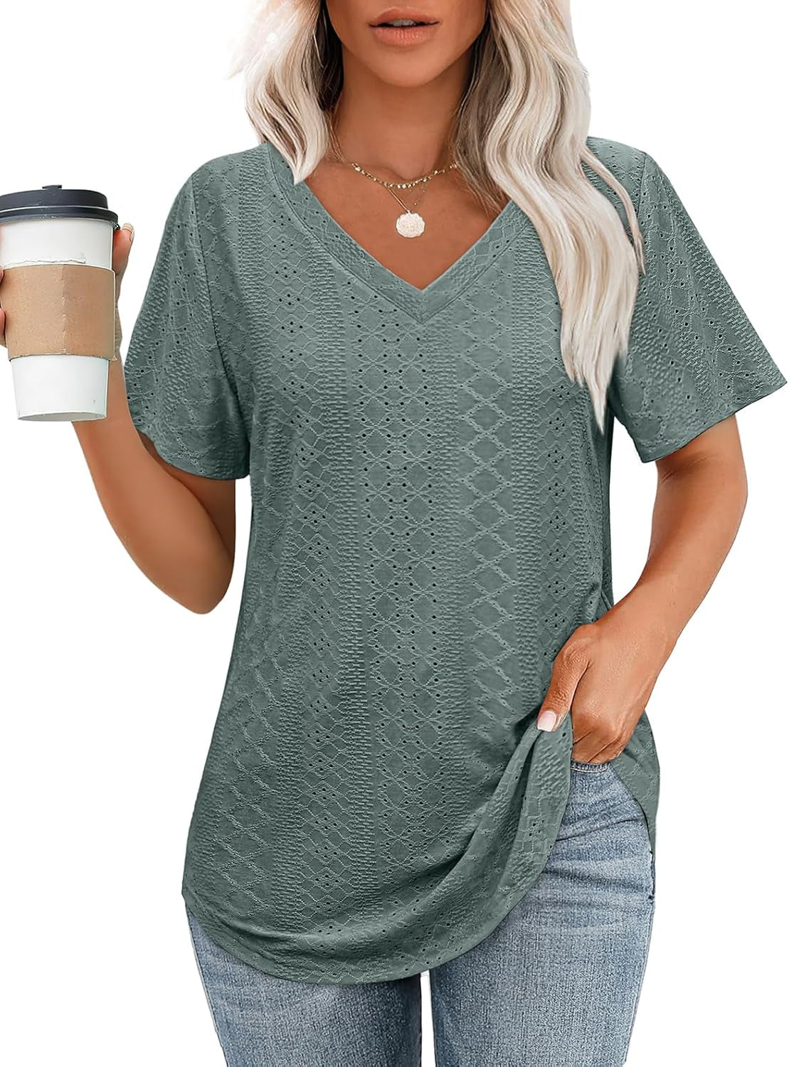 Womens T Shirts V Neck Short Sleeve Casual Tops Loose Fit Basic Tees with Curved Hem