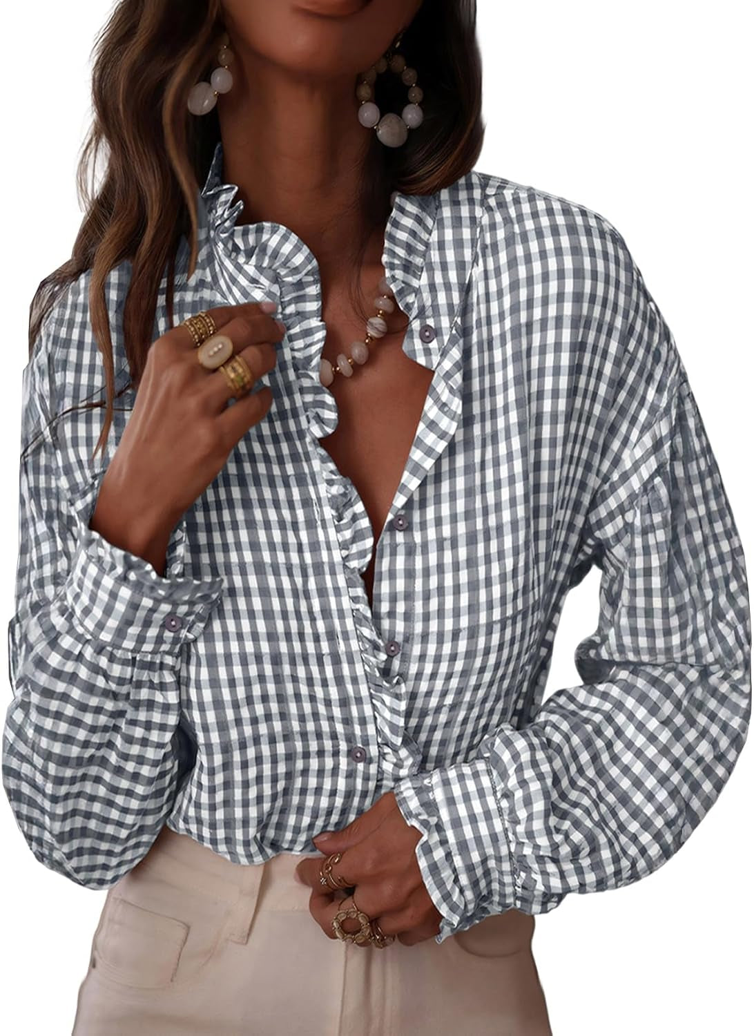 Womens Plaid Ruffle V Neck Button down Blouse Casual Long Sleeve Gingham Trendy Tops Work Checkered Shirt