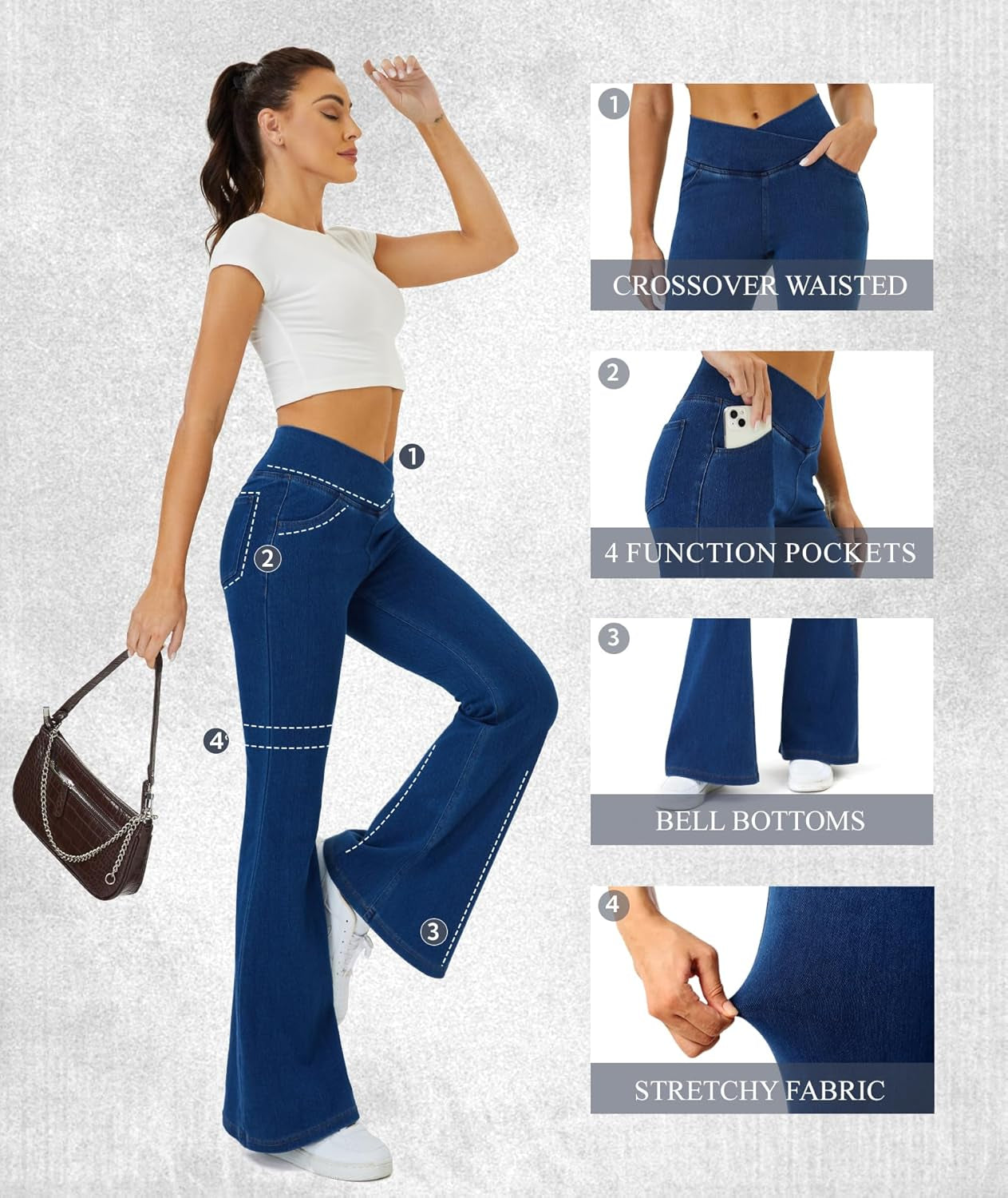 Bell Bottom Jeans for Women Trendy Crossover Stretchy Jeans Flare Leggings with Pockets Y2K Butt Lifting Jeggings