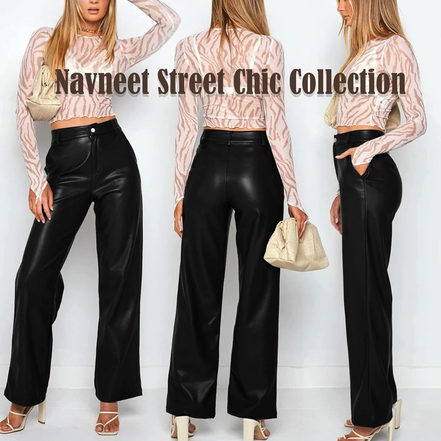 Women Faux Leather Pants PU High Waist Straight Leg Pant with Pockets Leather Leggings Bell Bottom Flare Pants