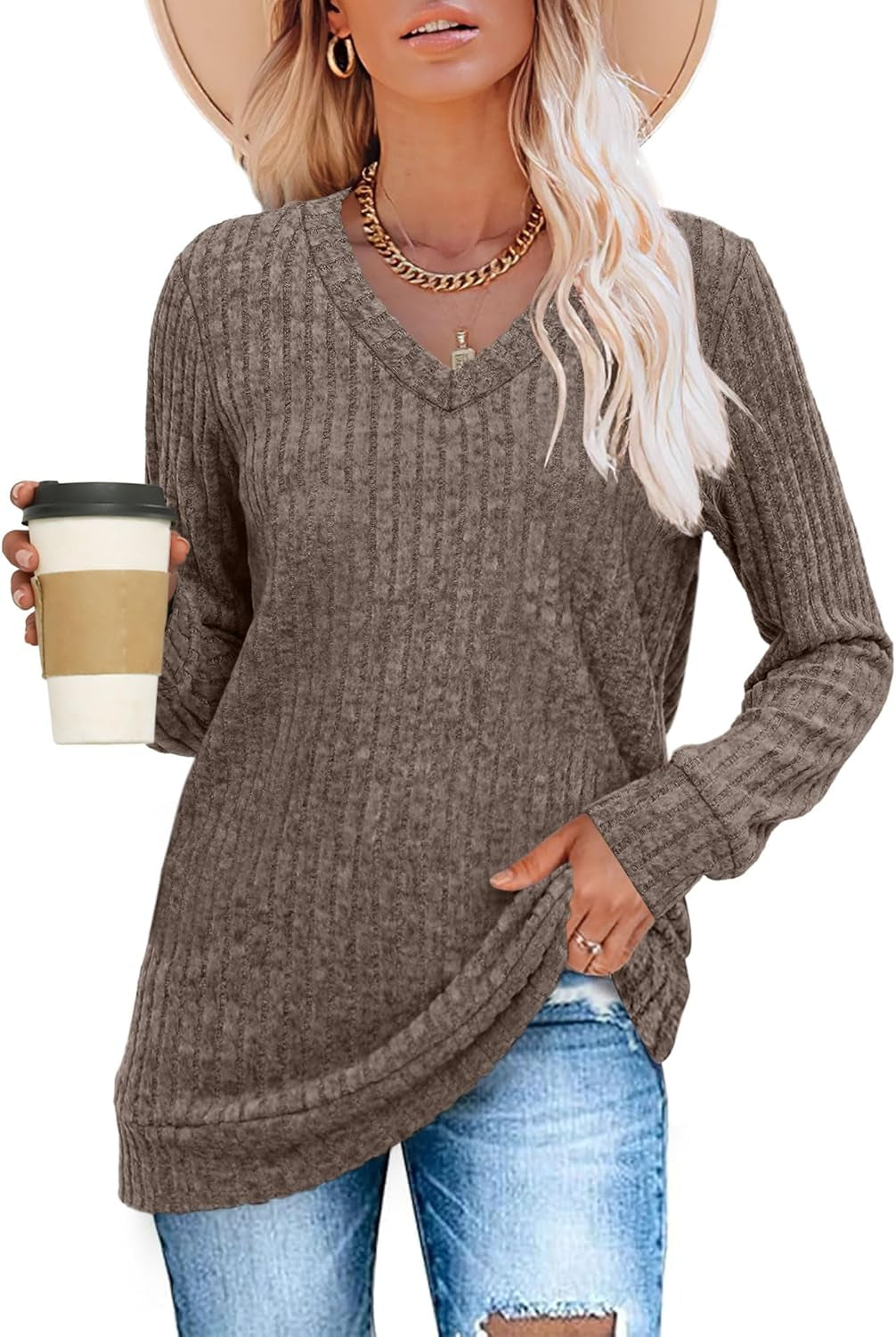 V Neck Long Sleeve Shirts for Women Casual Fall Tops Lightweight Tunic Sweaters Fashion Clothes Loose Fit 2025