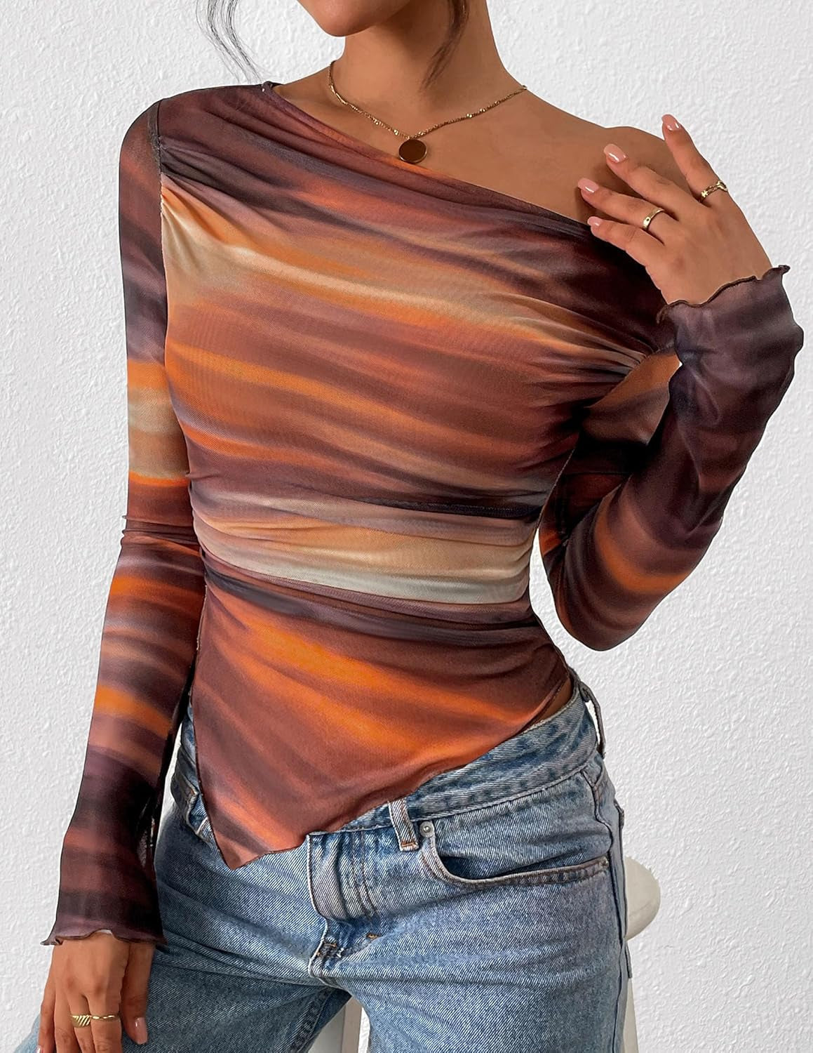 Womens Fall Trendy off Shoulder Y2K Tops 2026 Tie Dye Mesh Long Sleeve Shirts Asymmetrical Ruched Floral Blouse