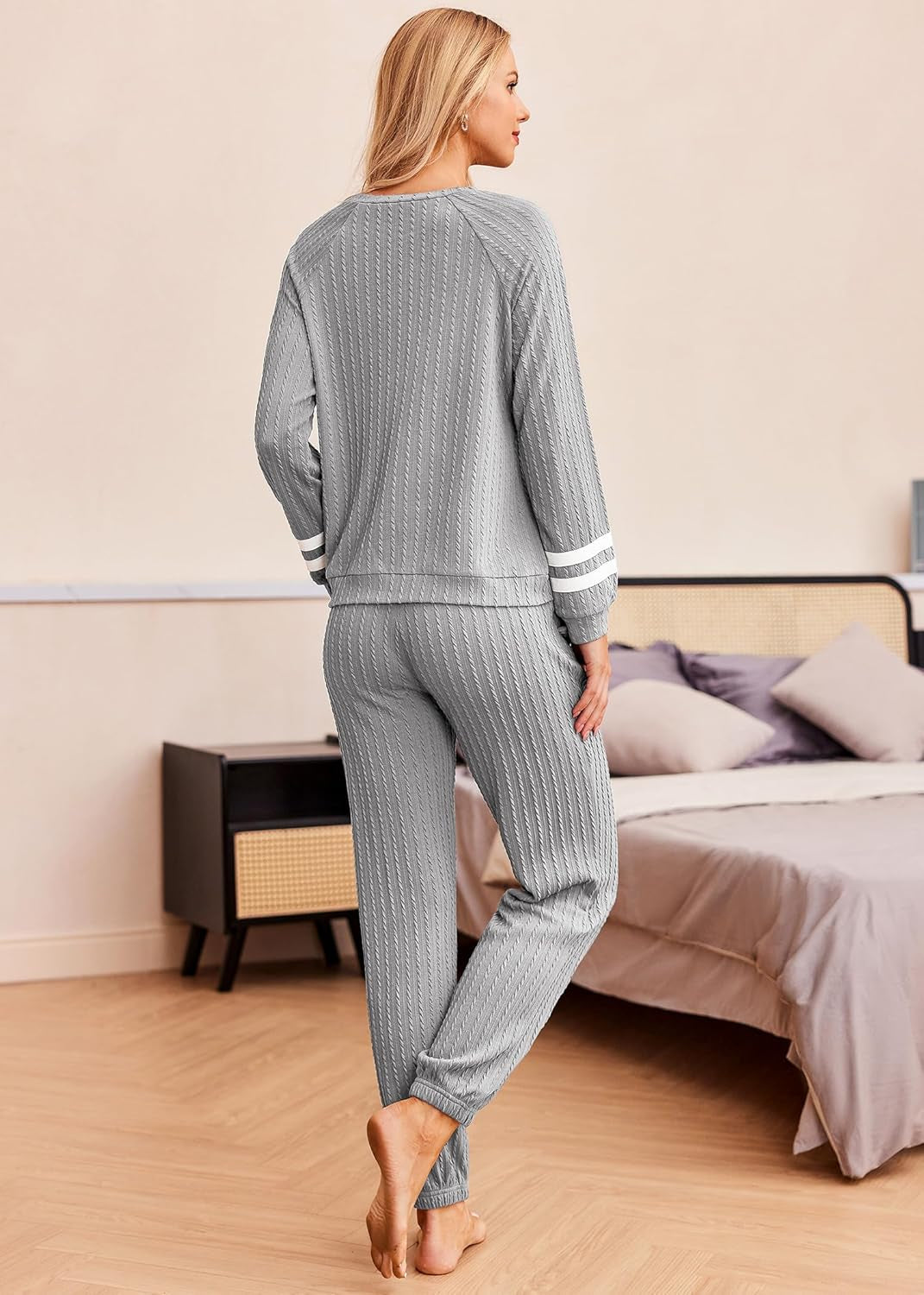 Lounge Sets for Women Ribbed Knit Outfits Pajamas Sets 2 Piece Long Sleeve Sweatsuits with Pockets