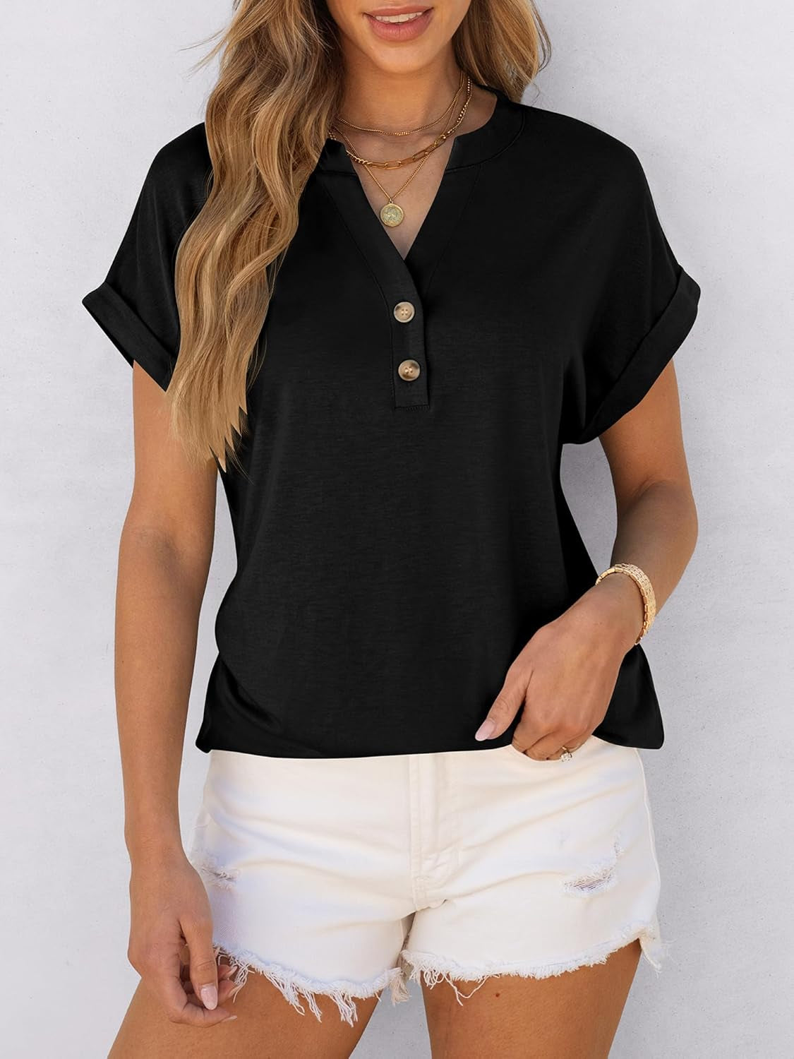 Womens Short Sleeve Henley Tops V Neck Dressy Casual Blouses Summer Trendy Tee Shirts 2026 Vacation Fashion Clothes