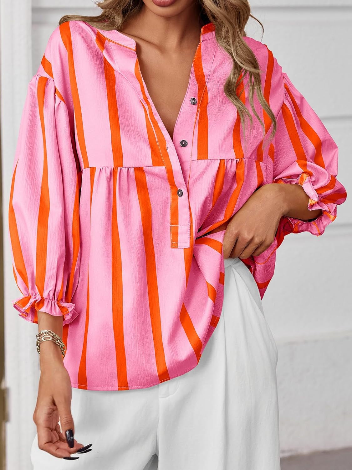 Womens Puff Sleeve Babydoll Tops Summer V Neck Striped Blouse Cute Casual Loose Fit Flowy Shirts