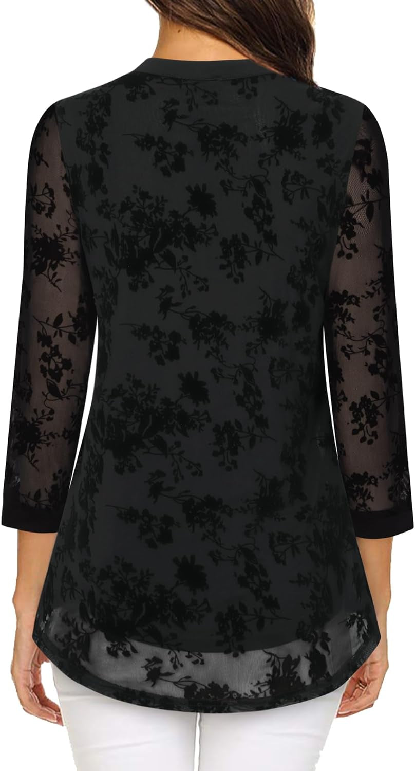 Women'S 3/4 Sleeve Blouses Casual V Neck Dress Shirts Double Layers Mesh Tunics Tops