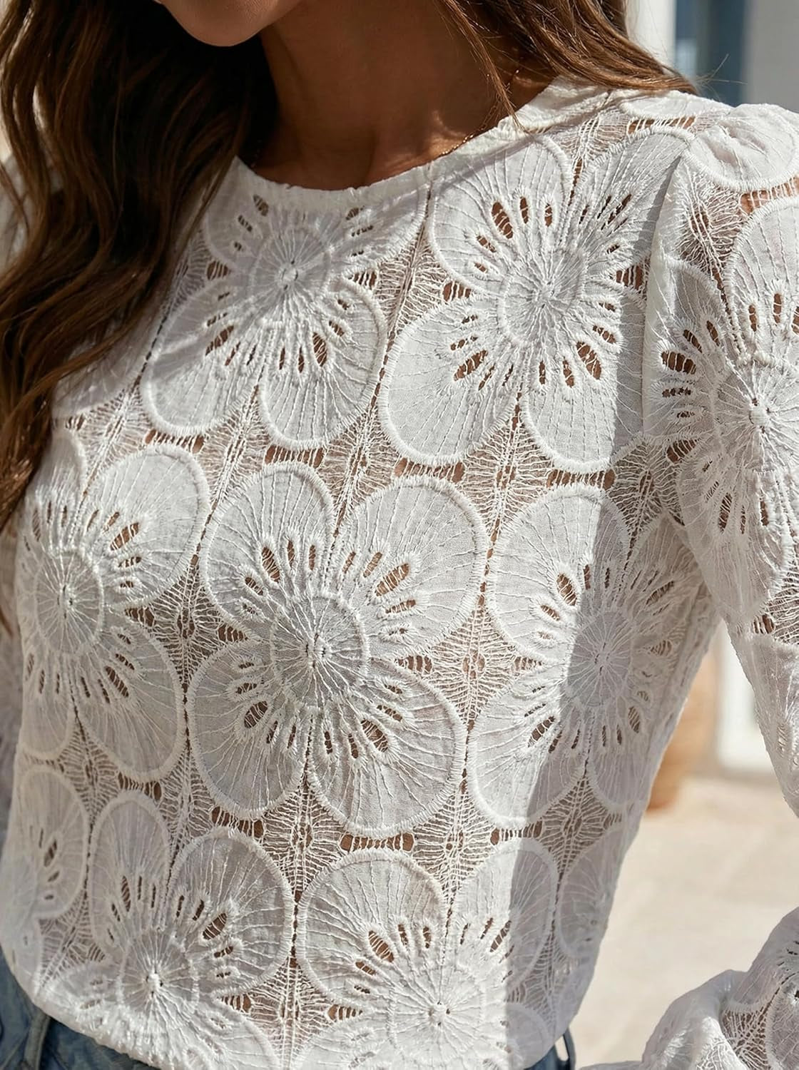 Women Eyelet Long Sleeve Tops Shirts Dressy Hollow Out Crochet Lace Embroidered Blouses 2025 Fashion