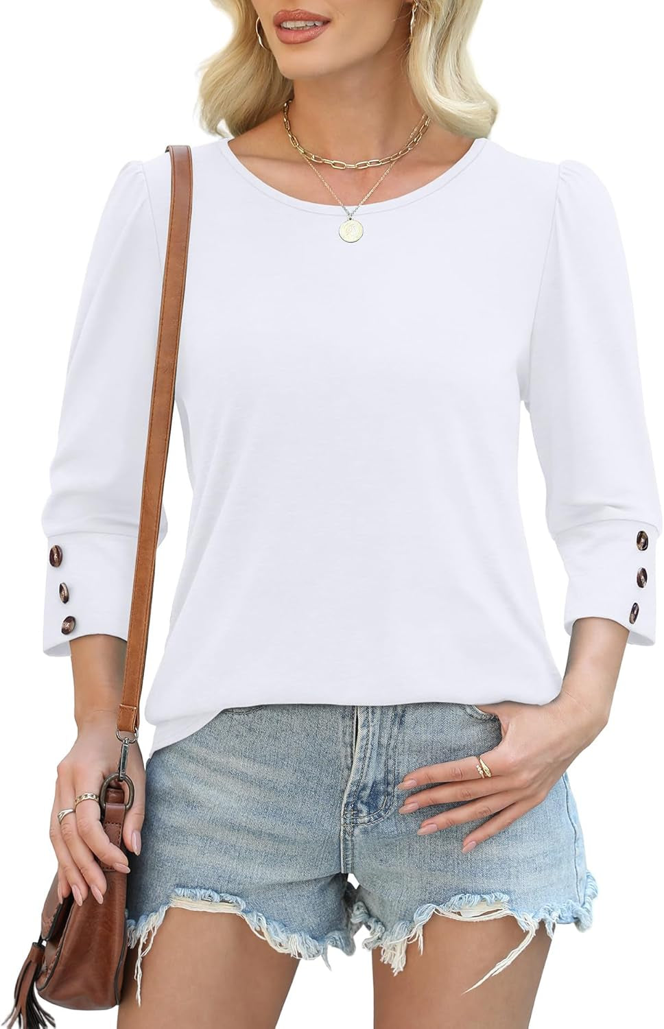 Womens Tops 3/4 Sleeve with Buttons Dressy Casual Blouses Summer Outfits Beach Vacation plus Size Spring Clothes