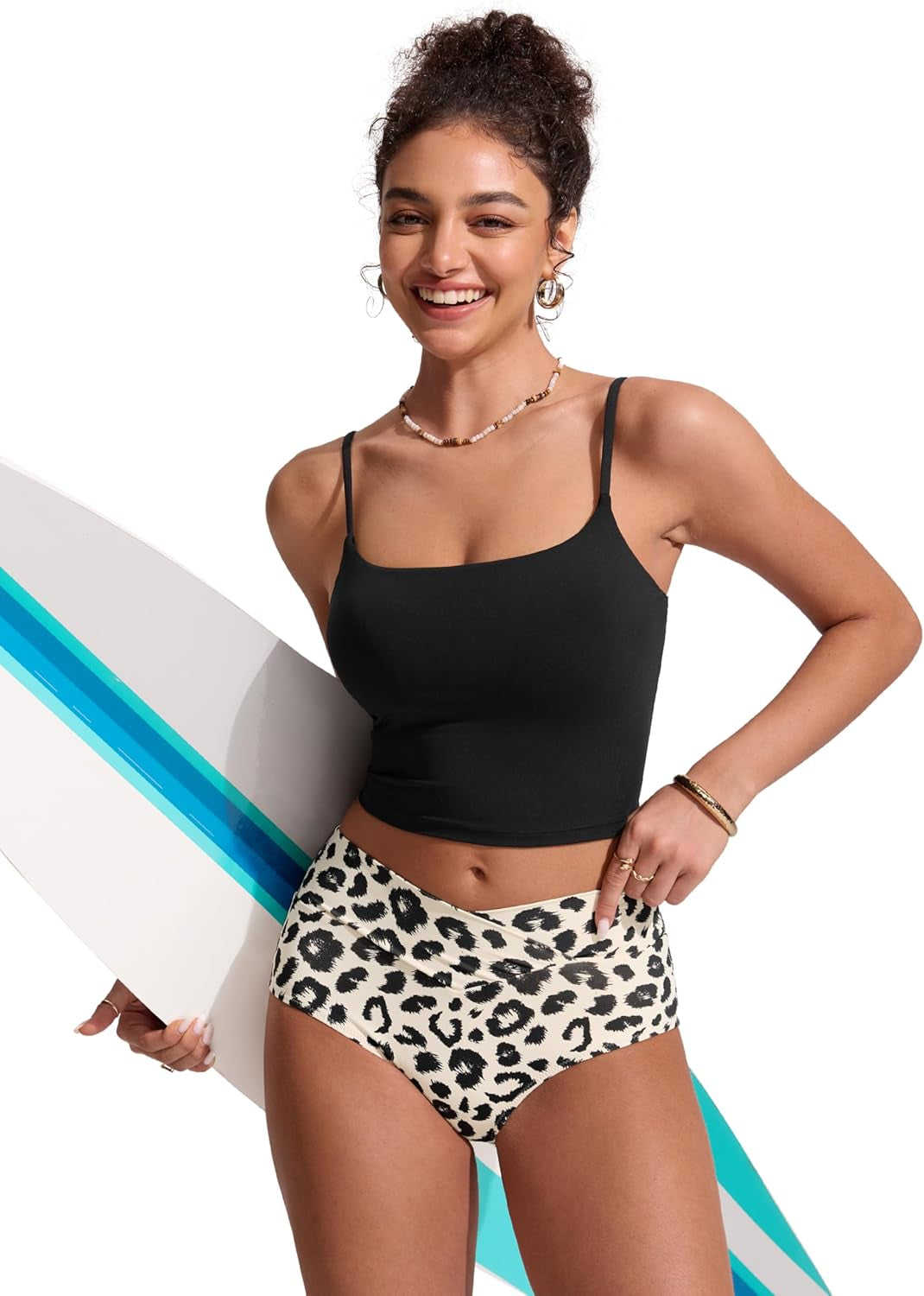 High Waisted V Cut Bikini Bottom for Women - Cross Front Bathing Swimsuit Full Coverage Swim Briefs