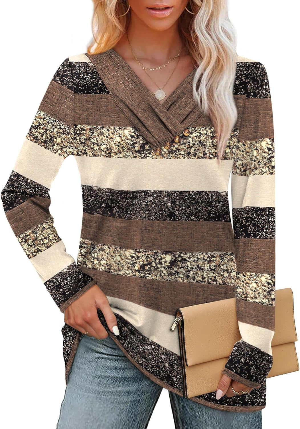 Long Sleeve Shirts for Women Fall Outfits V Neck T Shirts Button down Tunic Tops Fashion Clothing